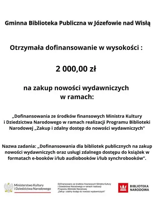 Józefów nad Wisłą: biblioteka otrzymała 2 tys. zł na nowości wydawnicze